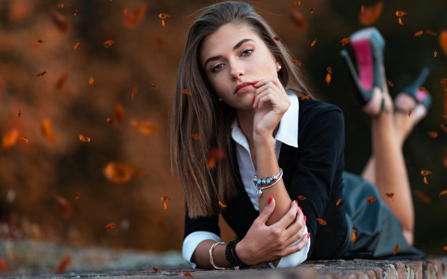 Woman brick wall cellphone autumn free wallpaper for desktop - medium preview image