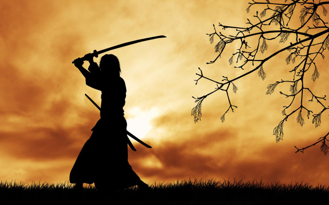Woman sword tree sunset bamboo free wallpaper for desktop - medium preview image