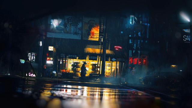 City street night cyberpunk neon free wallpaper for desktop - medium preview image