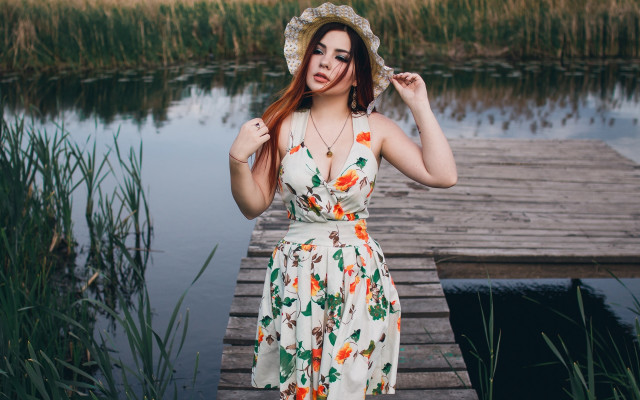 Woman dress hat dock water free wallpaper for desktop - medium preview image