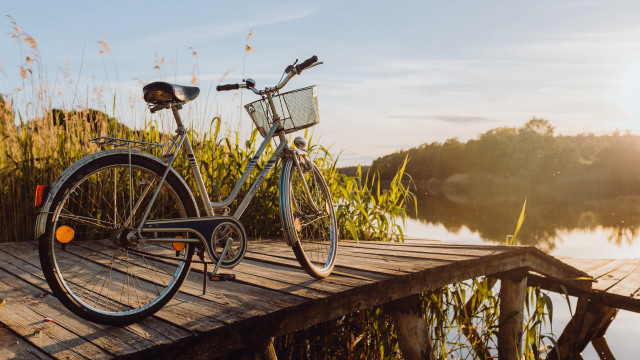 Bicycle dock lake reeds sunset free wallpaper for desktop - medium preview image