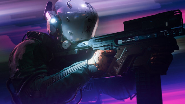 Man helmet gun purple cyberpunk free wallpaper for desktop - medium preview image