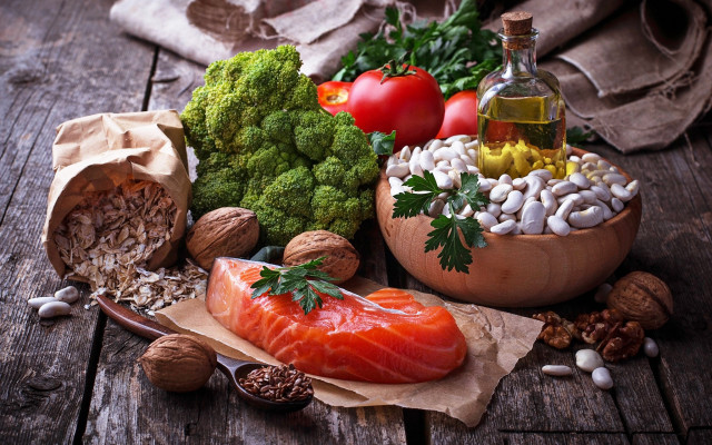 Wooden bowl fish nuts broccoli free wallpaper for desktop - medium preview image