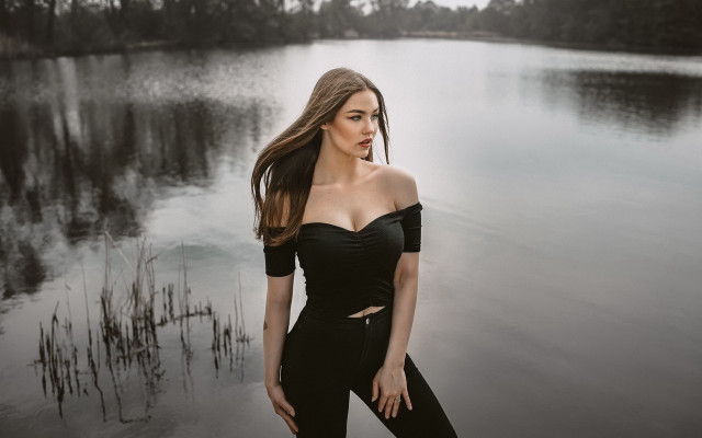 Woman lake wind black outfit free wallpaper for desktop - medium preview image