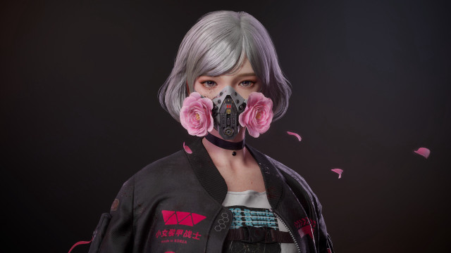 Woman gasmask flowers pink cyberpunk free wallpaper for desktop - medium preview image