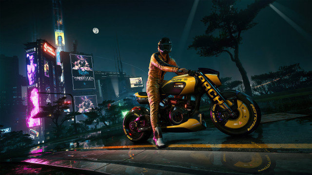 Man motorcycle city neon night free wallpaper for desktop - medium preview image