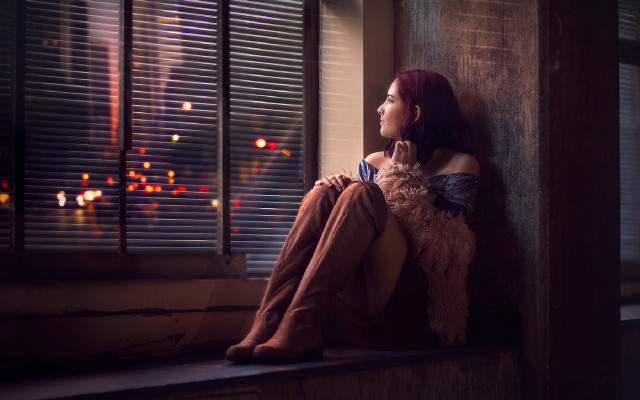 Woman window sill teddy lap free wallpaper for desktop - medium preview image