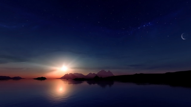 Sunset lake mountains crescent moon free wallpaper for desktop - medium preview image