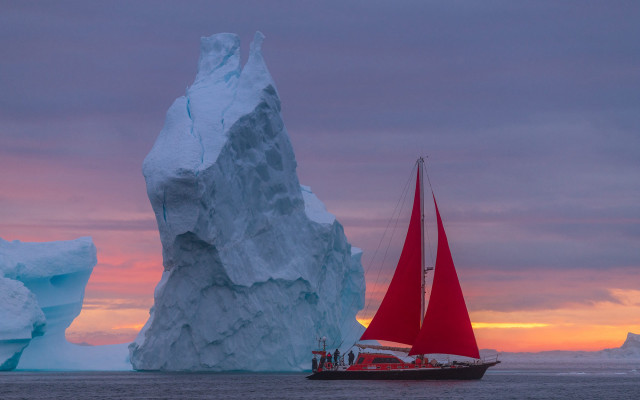 Red sailboat iceberg sunset ocean free wallpaper for desktop - medium preview image
