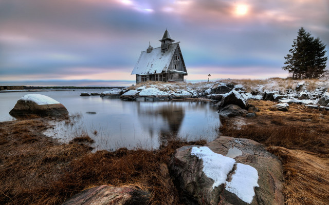 Church rocky shore lake cloudy free wallpaper for desktop - medium preview image