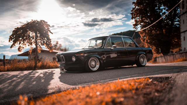 Black car road tree house free wallpaper for desktop - medium preview image