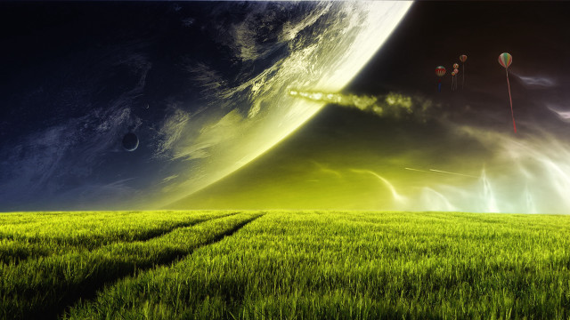 Green field planet clouds moon free wallpaper for desktop - medium preview image
