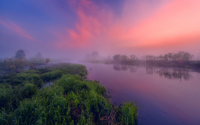 Pink sky river green bushes free wallpaper for desktop - medium preview image