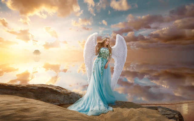 Angel wings beach sunset fantasy free wallpaper for desktop - medium preview image
