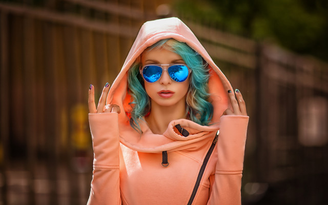 Blue hair sunglasses hoodie fashion free wallpaper for desktop - medium preview image