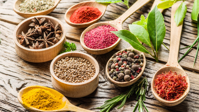 Spices wooden spoons herbs leaves free wallpaper for desktop - medium preview image