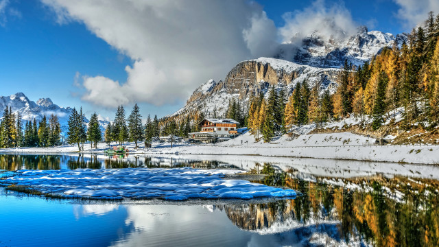 Mountain lake snow mountains woods free wallpaper for desktop - medium preview image