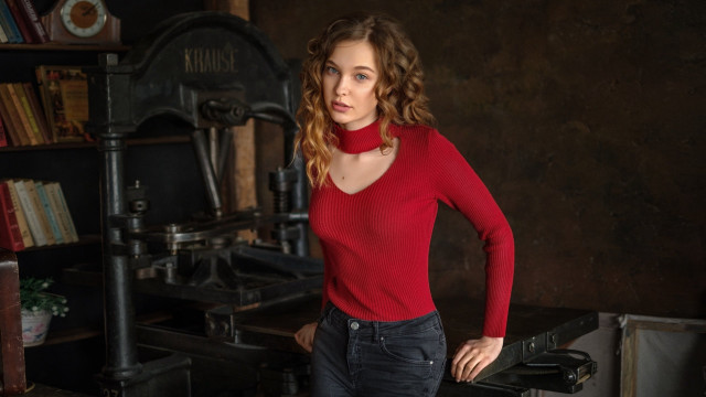 Woman red sweater bookcase clock free wallpaper for desktop - medium preview image