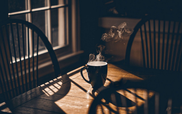 Coffee sunlight wooden table minimalism free wallpaper for desktop - medium preview image