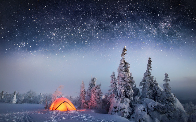 Snow tent starry sky aurora free wallpaper for desktop - medium preview image