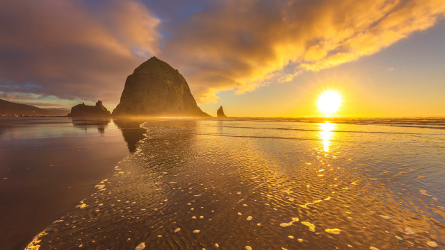 Sunset beach rock formation waves free wallpaper for desktop - medium preview image