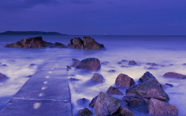 Pier rocky beach ocean night free wallpaper for desktop - medium preview image