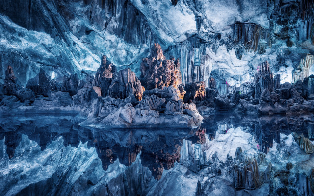 Large cave lake rocks water free wallpaper for desktop - medium preview image