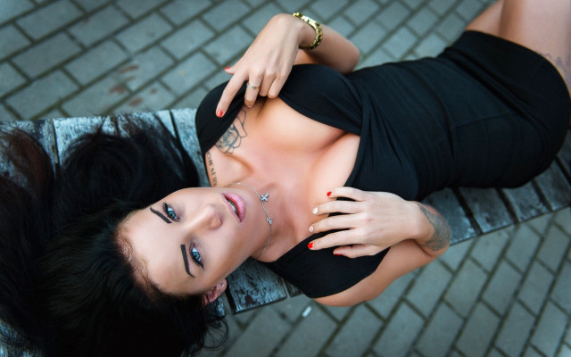 Tattooed woman bench sexy brick free wallpaper for desktop - medium preview image