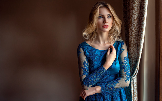 Blue dress woman window crossed free wallpaper for desktop - medium preview image