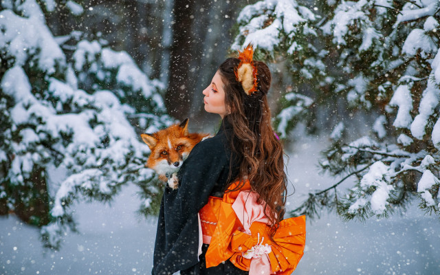 Woman orange dress fox snow free wallpaper for desktop - medium preview image