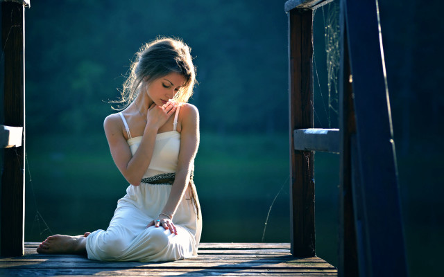 Woman dock sitting rain white free wallpaper for desktop - medium preview image