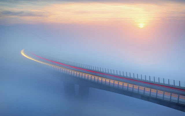 Bridge red light foggy sunset free wallpaper for desktop - medium preview image