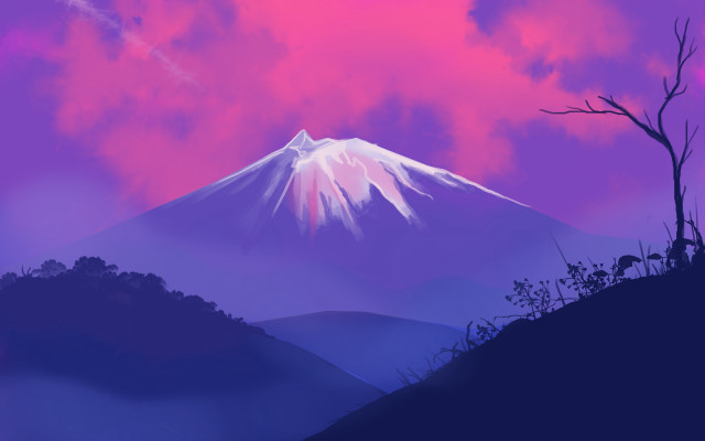 Mountain cherry blossoms moon sunset free wallpaper for desktop - medium preview image