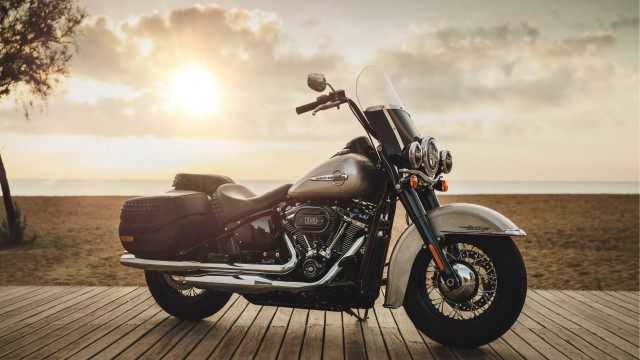 Motorcycle ocean sunset dawn wooden free wallpaper for desktop - medium preview image