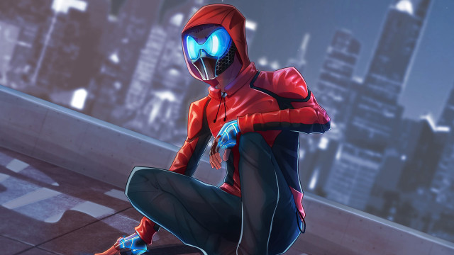 Red hoodie blue eyes cityscape free wallpaper for desktop - medium preview image