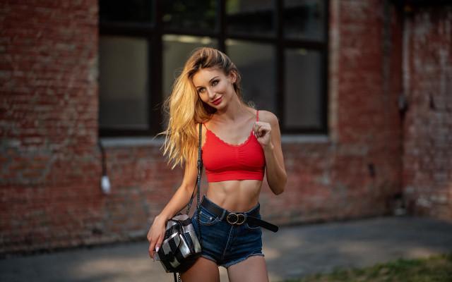 Woman red top denim shorts #3 free wallpaper for desktop - medium preview image