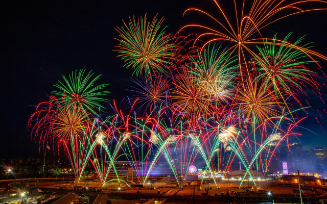 Fireworks city bridge night sky free wallpaper for desktop - medium preview image