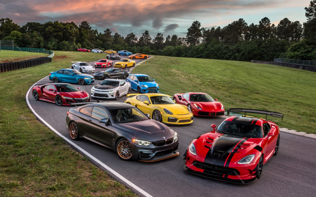 Cars road greenfield forest sunset free wallpaper for desktop - medium preview image