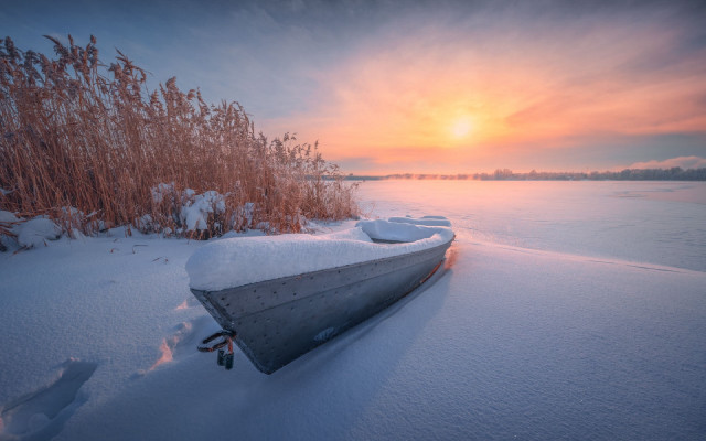 Snowy boat bush water dusk free wallpaper for desktop - medium preview image