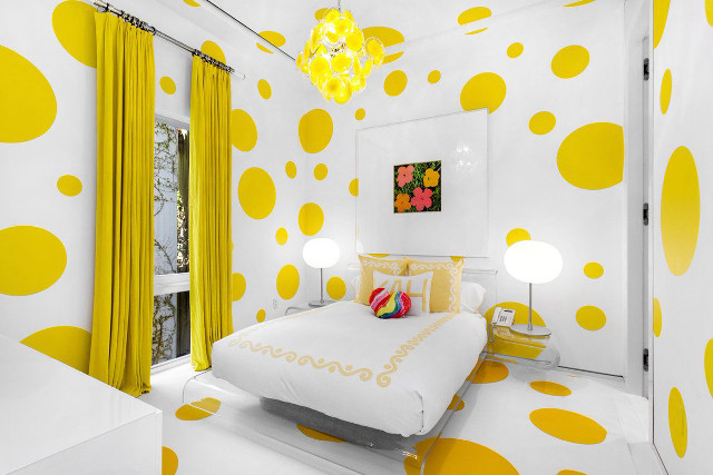 Bedroom yellow white polka dot free wallpaper for desktop - medium preview image