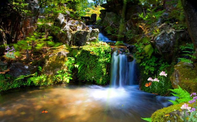 Waterfall lush forest flowers plants free wallpaper for desktop - medium preview image