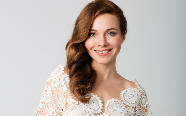 Smiling woman white lace top free wallpaper for desktop - medium preview image