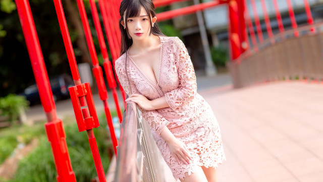 Woman pink dress red fence free wallpaper for desktop - medium preview image