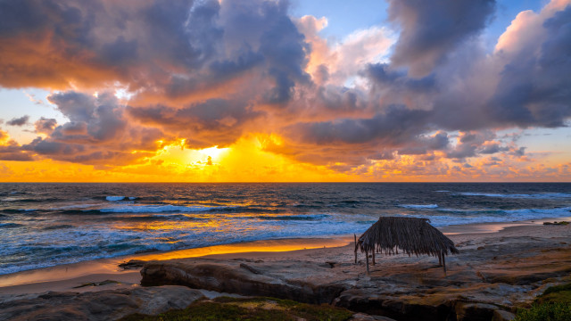 Beach hut sunset clouds water free wallpaper for desktop - medium preview image