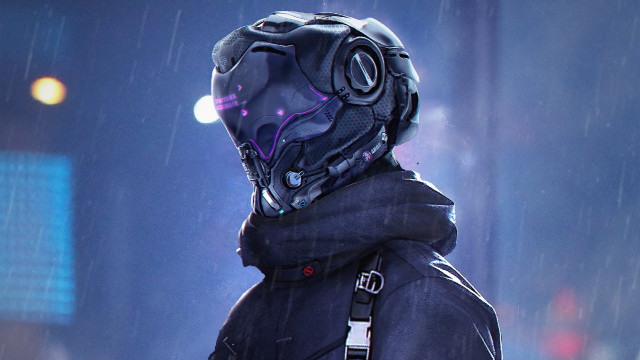 Man helmet rain city night free wallpaper for desktop - medium preview image