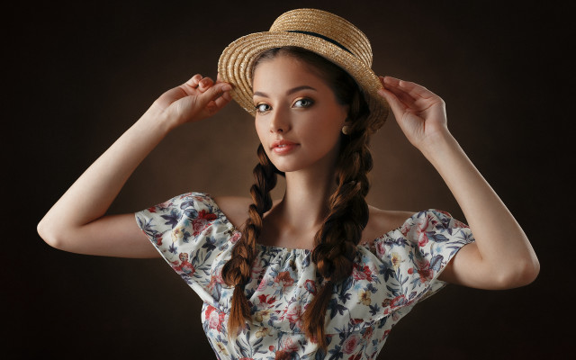 Woman hat braids floral portrait free wallpaper for desktop - medium preview image