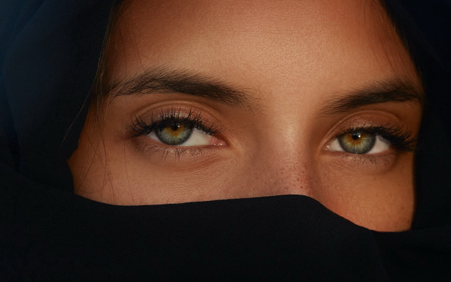 Black veil brown eyes photorealistic free wallpaper for desktop - medium preview image