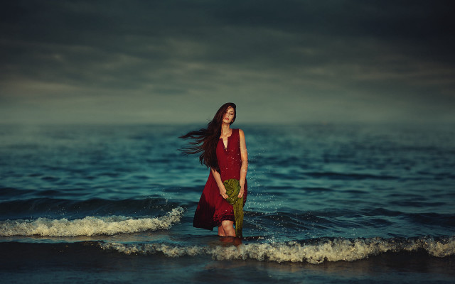 Woman red dress ocean plant free wallpaper for desktop - medium preview image