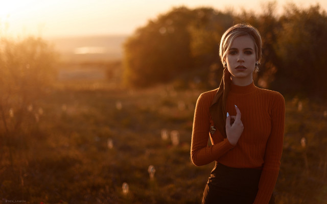 Orange sweater field sunset portrait free wallpaper for desktop - medium preview image