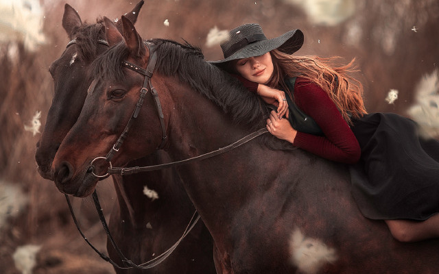 Woman hat riding horse flower free wallpaper for desktop - medium preview image